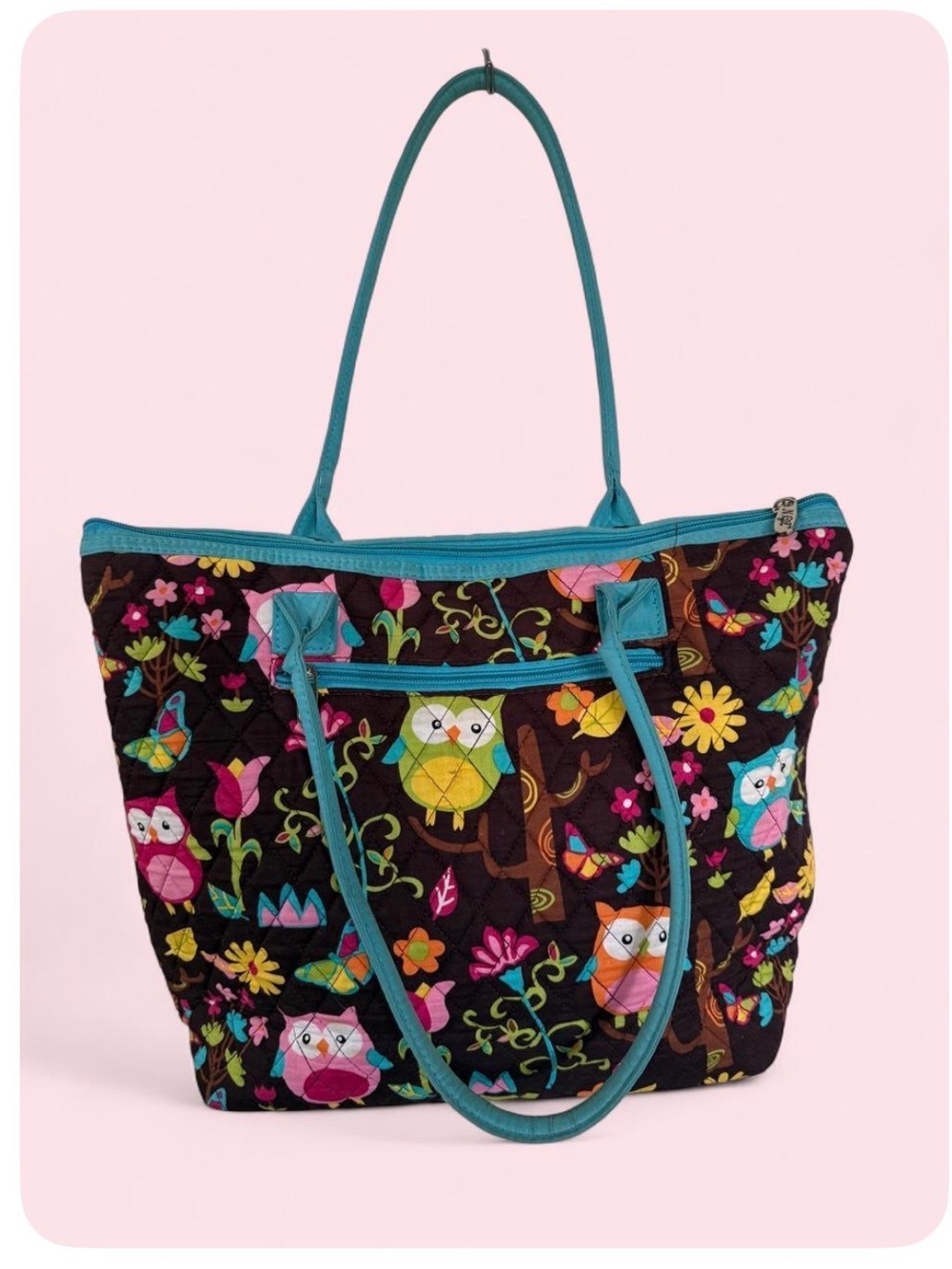 Quilted Owl Print Tote Bag in Teal Trim